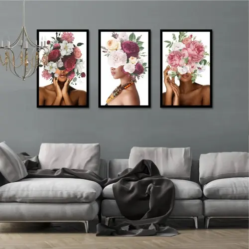 kit 3 quadro decorativo mulheres floridas flores fashion decor sa