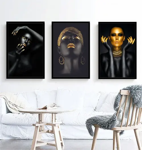 kit 3 quadro decorativo mulheres negras maquiagem dourada fashion