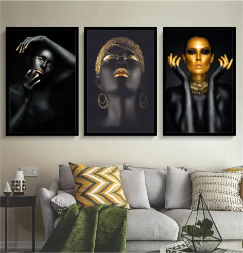 kit 3 quadro decorativo mulheres negras maquiagem dourada fashion decor salão de beleza com molduras