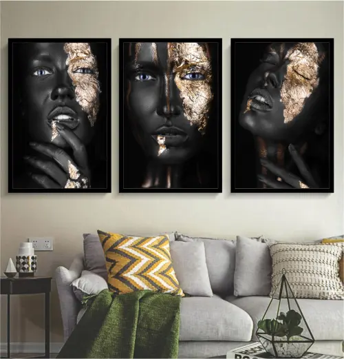 kit 3 quadro decorativo mulheres negras maquiagem dourada fashion