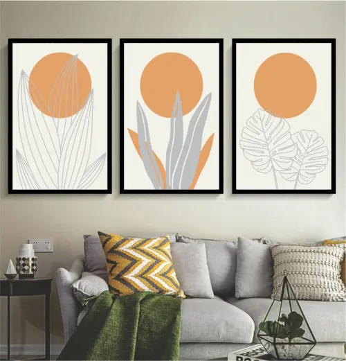 kit 3 quadro decorativo abstrato laranja gold folhas trio luxo decor sala escritório com molduras
