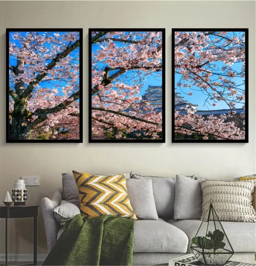 kit 3 quadro decorativo flores de cerejeira galhos de cerejeira d