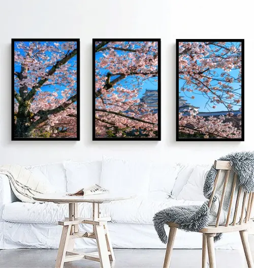 kit 3 quadro decorativo flores de cerejeira galhos de cerejeira decor casa quarto sala com molduras - Cópia