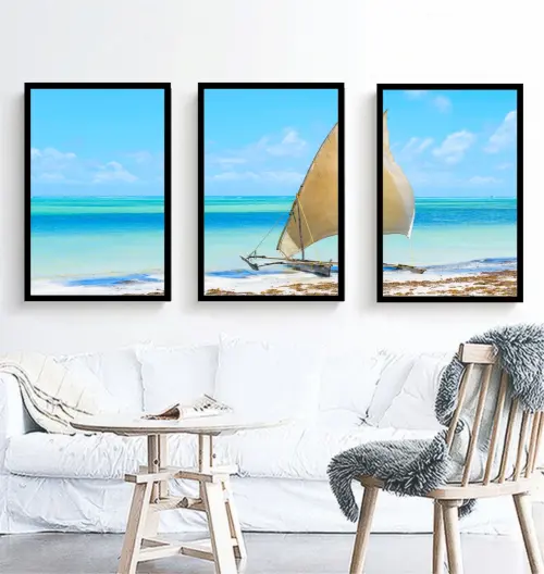 kit 3 quadro decorativo paisagem praiana barco praia azul veleiro