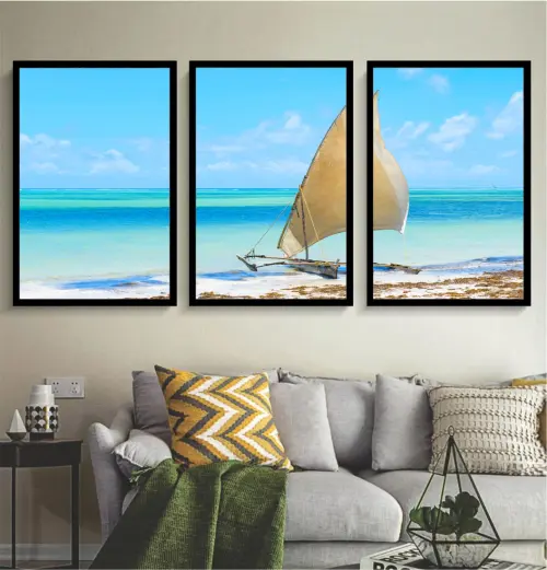 kit 3 quadro decorativo paisagem praiana barco praia azul veleiro decor pousada casa hotel sala quarto com molduras