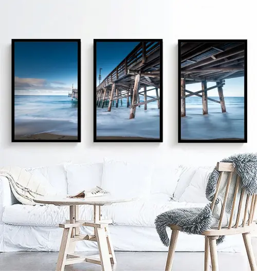 kit 3 quadro decorativo praia deck paisagem praiana decor pousada casa hotel sala quarto deck capim dos pampas viagem com molduras