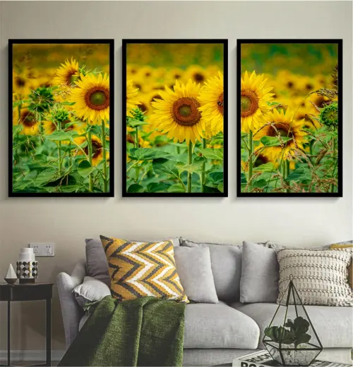 kit 3 quadro decorativo girassol flores trio folhagem amarela seca natureza campo sítio fazenda casa decor quarto sala com molduras