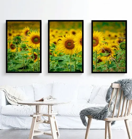 kit 3 quadro decorativo girassol flores trio folhagem amarela sec