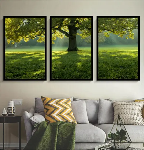 kit 3 quadro decorativo árvores verde campo natureza campo sítio fazenda casa decor quarto sala com molduras