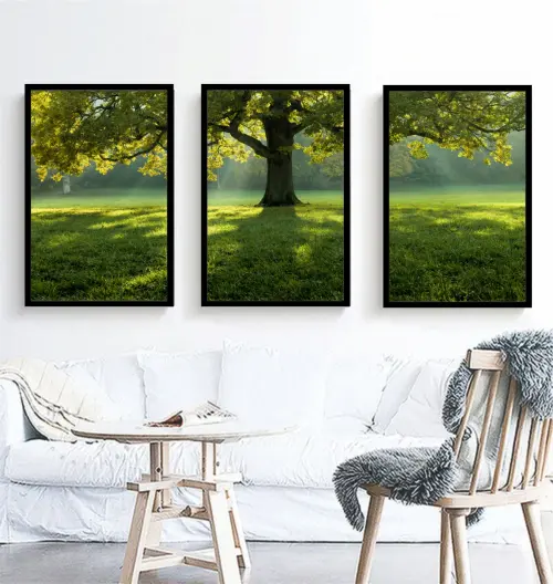 kit 3 quadro decorativo árvores verde campo natureza campo síti