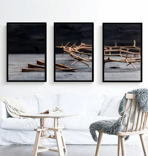 kit 3 quadro decorativo deus coroa de espinho jesus cristo fé decor casa sala quarto  molduras