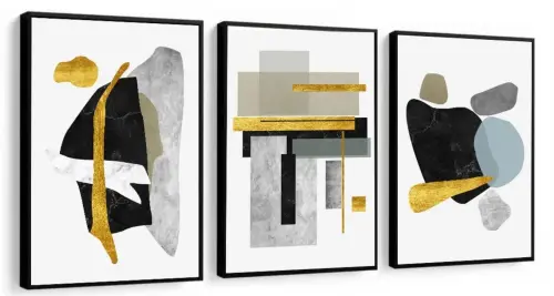 kit 3 quadro decorativo abstrato dourado cinza gold ouro minimalista sala decor casa luxo com molduras