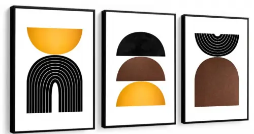 kit 3 quadros decorativos abstrato geométrico colorido trio minimalista com moldura