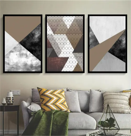 kit 3 quadro decorativo abstrato marrom claro gold claro minimalista  sala decor hall da casa com molduras