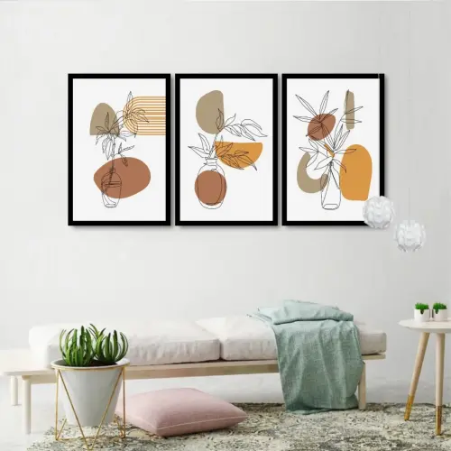 kit 3 quadros decorativos abstrato geométrico vaso de folhas colorido trio minimalista com molduras
