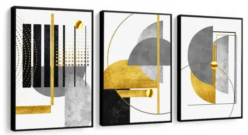 kit 3 quadro decorativo abstrato dourado cinza gold ouro minimalista sala decor casa luxo com molduras
