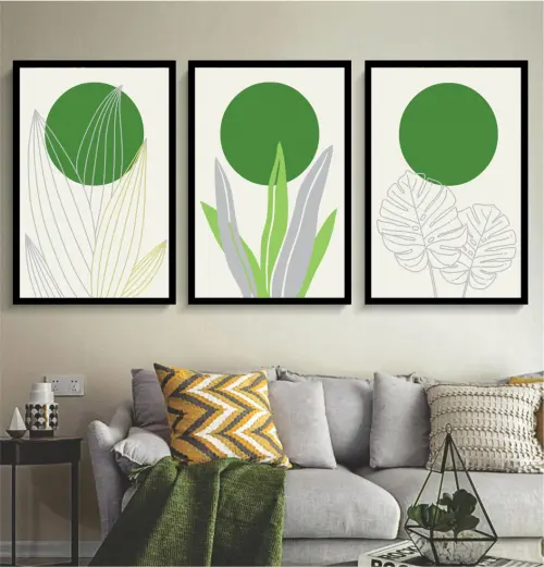 kit 3 quadro decorativo abstrato verde folhas gold luxo sala quarto decor pousada casa com molduras