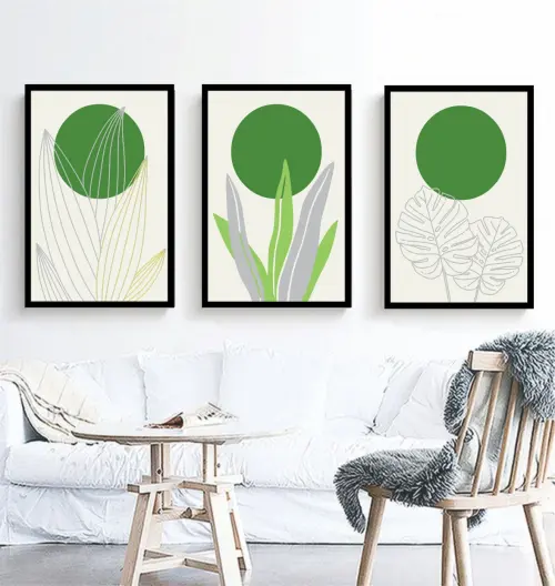 kit 3 quadro decorativo abstrato verde folhas gold luxo sala quar