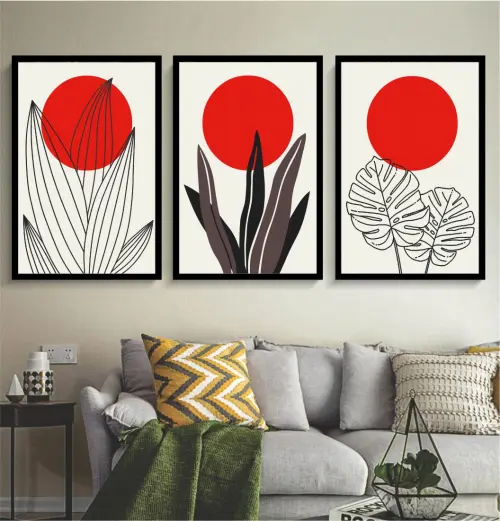 kit 3 quadro decorativo abstrato vermelho galhos folhas gold luxo decor sala escritório com molduras