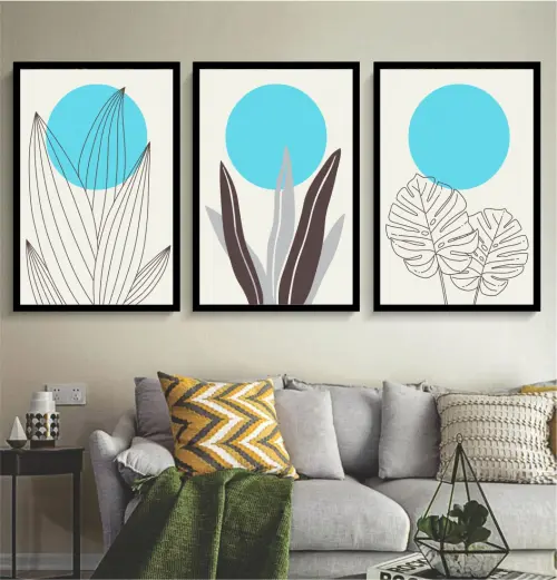 kit 3 quadro decorativo abstrato azul bebe galhos folhas gold luxo decor sala escritório com molduras