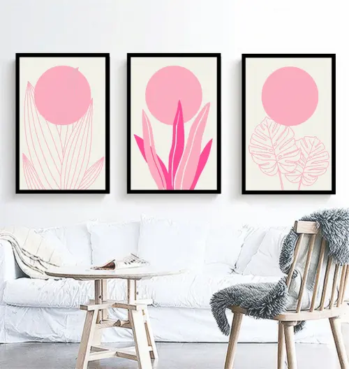 kit 3 quadro decorativo abstrato rosa galhos folhas gold luxo decor sala escritório com molduras