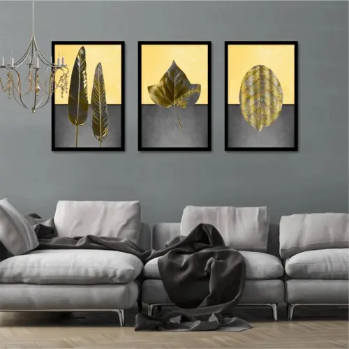 kit 3 quadro decorativo  folhas douradas folhagem dourada galhos luxo decor sala escritório com molduras