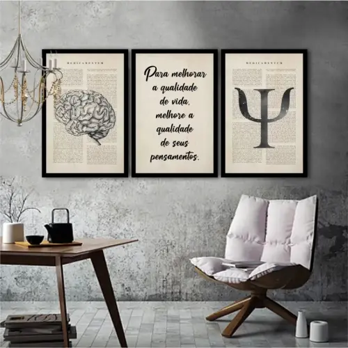 kit 3 quadro decorativo cunsultório de psicologia mente humana psicólogo decor quarto sala com molduras
