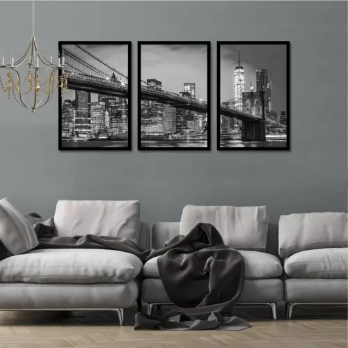 kit 3 quadro decorativo Ponte do Brooklyn nova york preto e branco ruas luxo com molduras