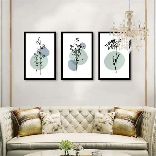 kit 3 quadro decorativo galhos abstrato verde folhas gold luxo sala quarto decor pousada casa com molduras