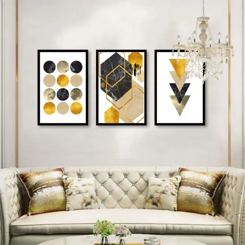 kit 3 quadro decorativo abstrato dourado cinza gold ouro minimalista sala decor casa luxo com molduras