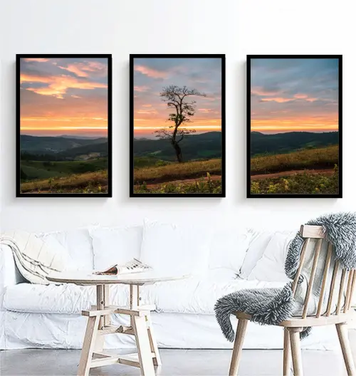kit 3 quadro decorativo entardecer árvore natureza bosque sítio
