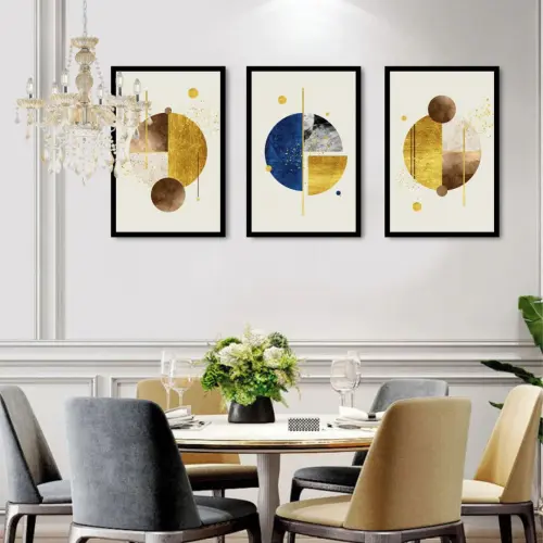 kit 3 quadro decorativo abstrato dourado círculo gold ouro minimalista sala decor casa luxo com molduras