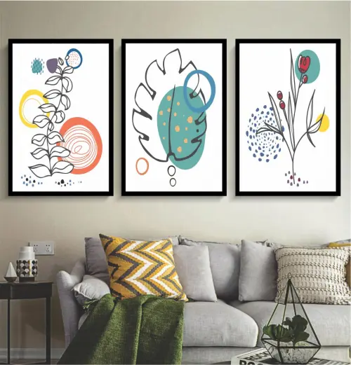 kit 3 quadro decorativo galhos folhas coloridas gold luxo decor sala escritório com molduras