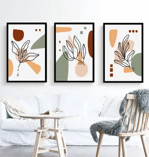 kit 3 quadro decorativo abstrato terracota colorido galhos tons terrosos sala decor casa com molduras