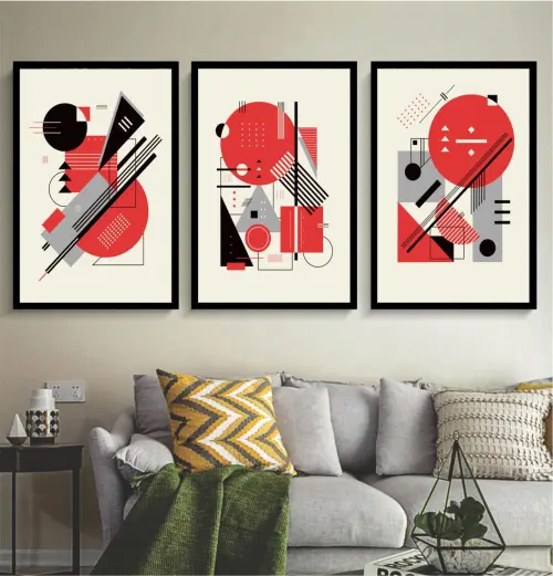 kit 3 quadro decorativo abstrato vermelho minimalista gold luxo decor sala escritório com molduras