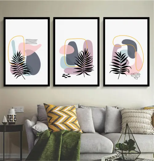 kit 3 quadro decorativo abstrato claro gold folhas minimalista claro minimalista  sala decor hall da casa com molduras