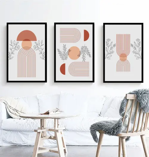 kit 3 quadro decorativo abstrato claro gold folhas minimalista claro minimalista  sala decor hall da casa com molduras