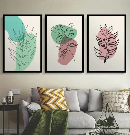 kit 3 quadro decorativo abstrato claro gold folhas minimalista claro minimalista  sala decor hall da casa com molduras