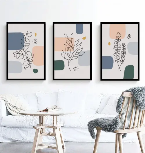 kit 3 quadro decorativo abstrato claro gold folhas minimalista claro minimalista  sala decor hall da casa com molduras