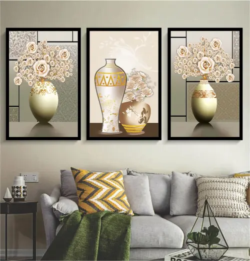 kit 3 quadro decorativo boho flores brancas vaso abstrato dourado sala quarto decor pousada casa com molduras
