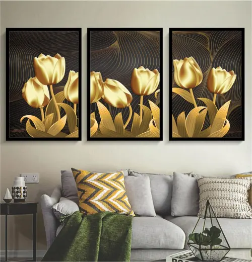 kit 3 quadro decorativo  folhas douradas folhagem dourada galhos luxo decor sala escritório com molduras