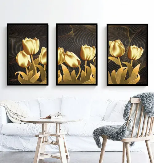kit 3 quadro decorativo  folhas douradas folhagem dourada galhos 