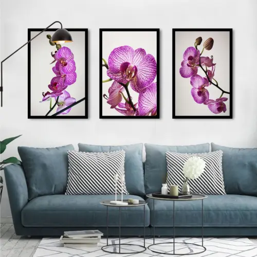 kit 3 quadro decorativo flores lilás orquideas sala quarto decor pousada casa com molduras