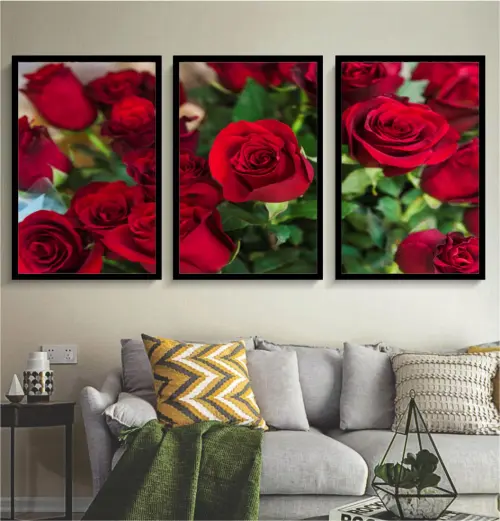 kit 3 quadro decorativo flores rosa vermelha galhos decor casa quarto sala com molduras