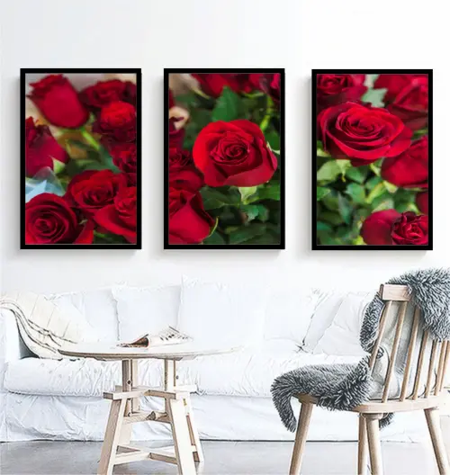 kit 3 quadro decorativo flores rosa vermelha galhos decor casa qu