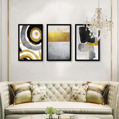 kit 3 quadro decorativo abstrato dourado cinza gold ouro minimalista sala decor casa luxo com molduras