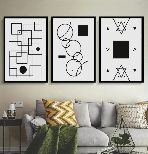 kit 3 quadro decorativo abstrato preto e branco mármore trio luxo decor sala escritório com molduras