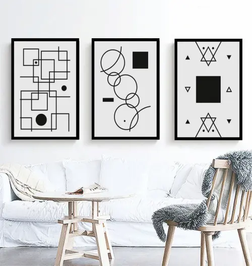 kit 3 quadro decorativo abstrato preto e branco mármore trio lux