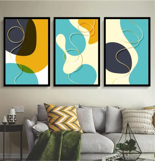 kit 3 quadros decorativos abstrato geométrico colorido azulado trio minimalista com molduras