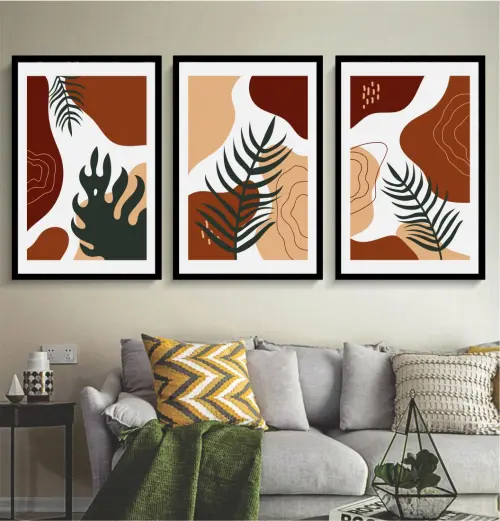 kit 3 quadro decorativo abstrato terracota colorido tons terrosos folhas sala decor casa com molduras